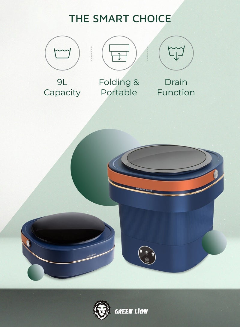 جرين ليون غسالة ملابس صغيرة قابلة للطي بسعة 9 لتر / حجم صغير / غسيل منخفض الضوضاء / سهلة الاستخدام / وظيفة التصريف / غسالة ملابس محمولة - أزرق - Image 2